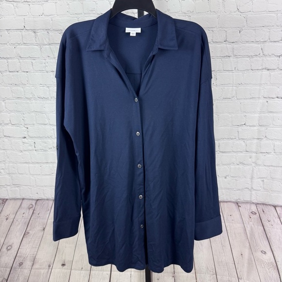 J. Jill Navy Button Down Rolled Tab Sleeve Tunic Size Medium - Picture 1 of 7
